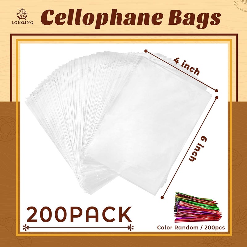 LOKQING LOKIQNG Cellophane Bags Plastic Treat Bag Clear Cookie Candy Bags with Twist Ties for Party Favor Bag(200PACK, 4x6inch) - Image 4